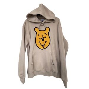 Disney Winnie the Pooh Sweatshirt Hoodie Women XL oversized Tan Crocheted Face‎